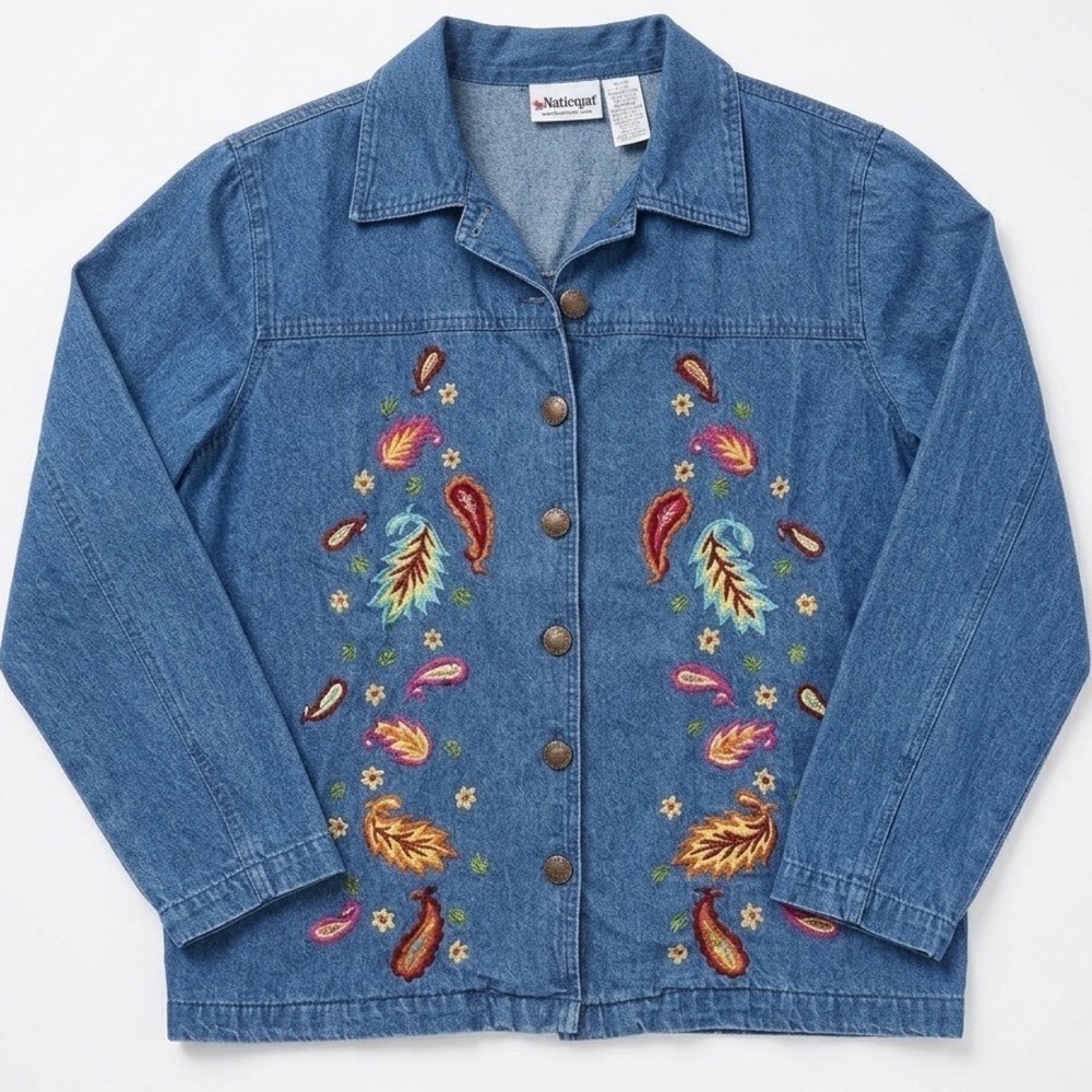 National Denim Embroidered Floral Paisley Button Front Shirt Jacket Blue 14P
